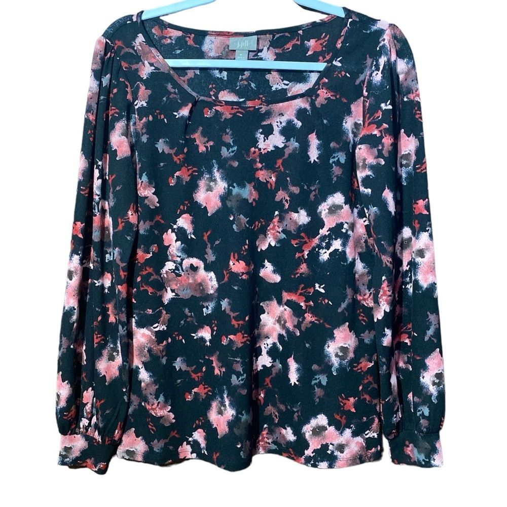J.Jill Women's Knit Blouse Black & Red Floral Bishop Sleeve Scoop Neck Size M